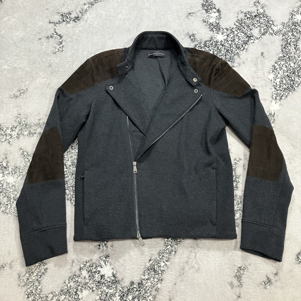 Ralph Lauren Black Label Moto Jacket Womens Gray Knit Leather Trim Asym Zip